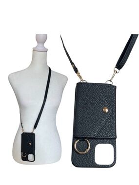 Black Crossbody Phone Case Wallet with Strap. Fits iPhone 12 / 12 Pro.